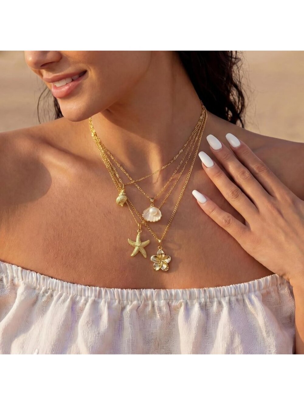 Women's Flower Glod Plated Layered Pendan Dainty Coastal Charm Starfish Necklace - Picture 4 of 7